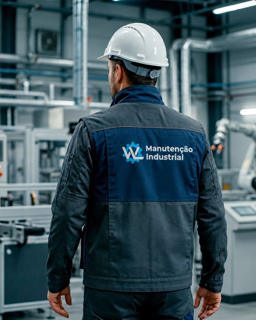 Profissional da WL de costas, com capacete branco e uniforme com o logotipo da empresa, dentro de uma planta industrial